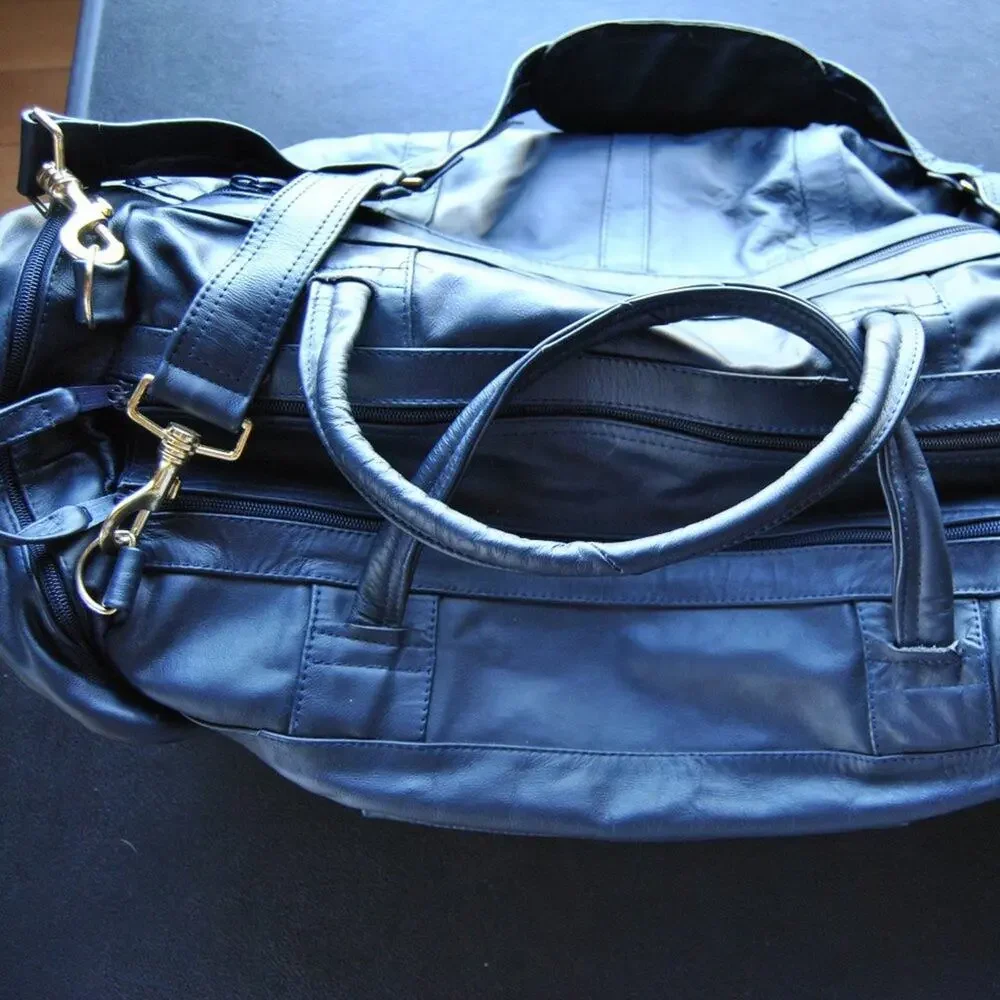 Buick Open Blue Genuine Leather Duffel Bag Size: 22